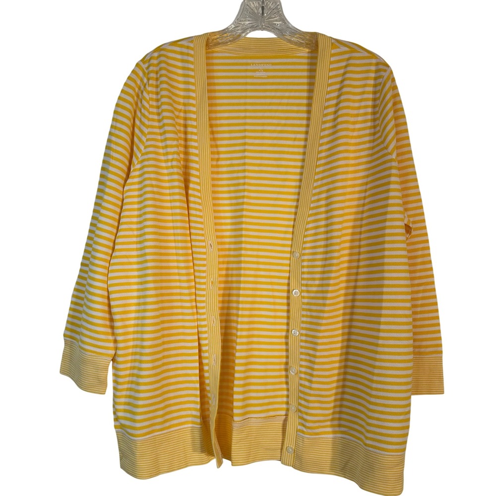 Lands End Womens Yellow White Striped Button Cardigan Sweater L 14-16 3/4 Sleeve